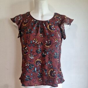 Red Flutter Sleeve Blouse with Ruffled Design and Cap Sleeves